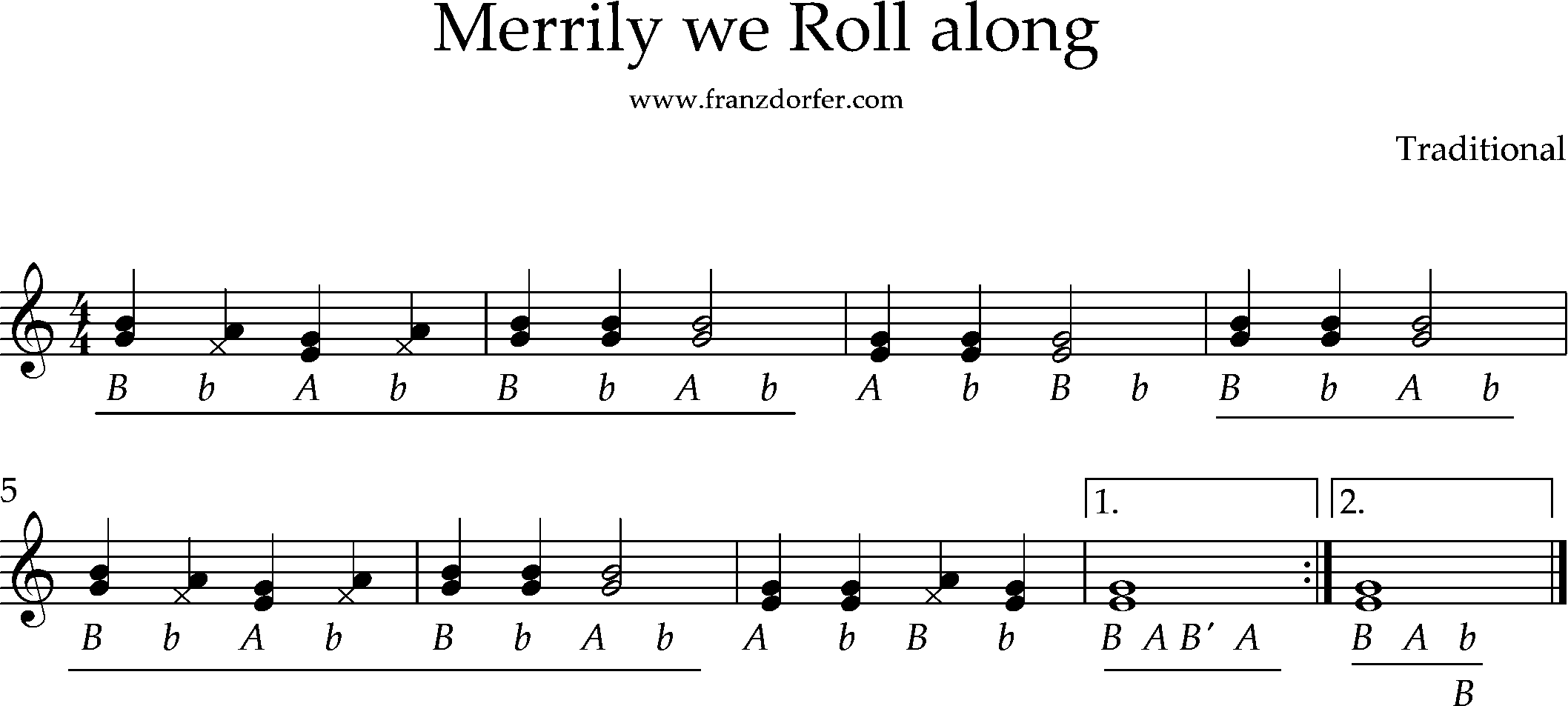 ziach lernen, merrily 2stimmig, griffschrift, Steirische harmonika merrily we roll along, griffschrift, 2stimmig